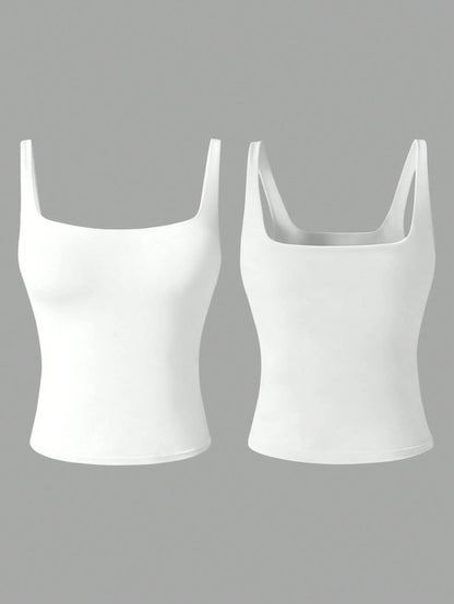 Aoqta Sports Women's Casual Knit Square Neck Cami Tank Top With Built-In Pads,Basic Solid Color Top For Yoga,Daily Wear,Training,Going Out,Business