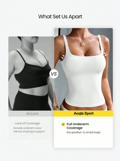 Aoqta Sports Women's Casual Knit Square Neck Cami Tank Top With Built-In Pads,Basic Solid Color Top For Yoga,Daily Wear,Training,Going Out,Business