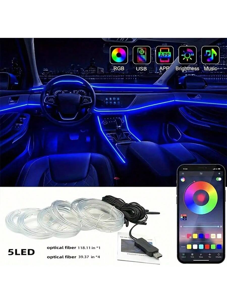 APP Control Car Interior LED Light Bar, RGB 5 In 1 Ambient Light Kit, 275.59 Inch Fiber Optic 8 Color Car Neon Lights Synchronized Music, Automotive Products LED Strip Lights, Car Accessories Dirt Bik