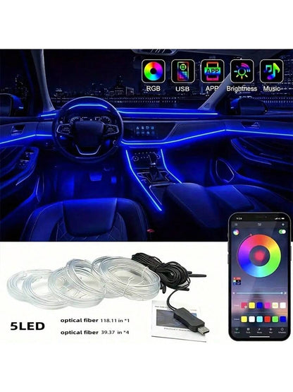 APP Control Car Interior LED Light Bar, RGB 5 In 1 Ambient Light Kit, 275.59 Inch Fiber Optic 8 Color Car Neon Lights Synchronized Music, Automotive Products LED Strip Lights, Car Accessories Dirt Bik