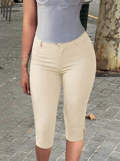 Apperloth A Apperloth Women's Lightweight Elegant Khaki Elastic Slit Hem Leggings, Skinny Fit Slim Capri Pants With Zipper, Casual Everyday & Date Wear Summer