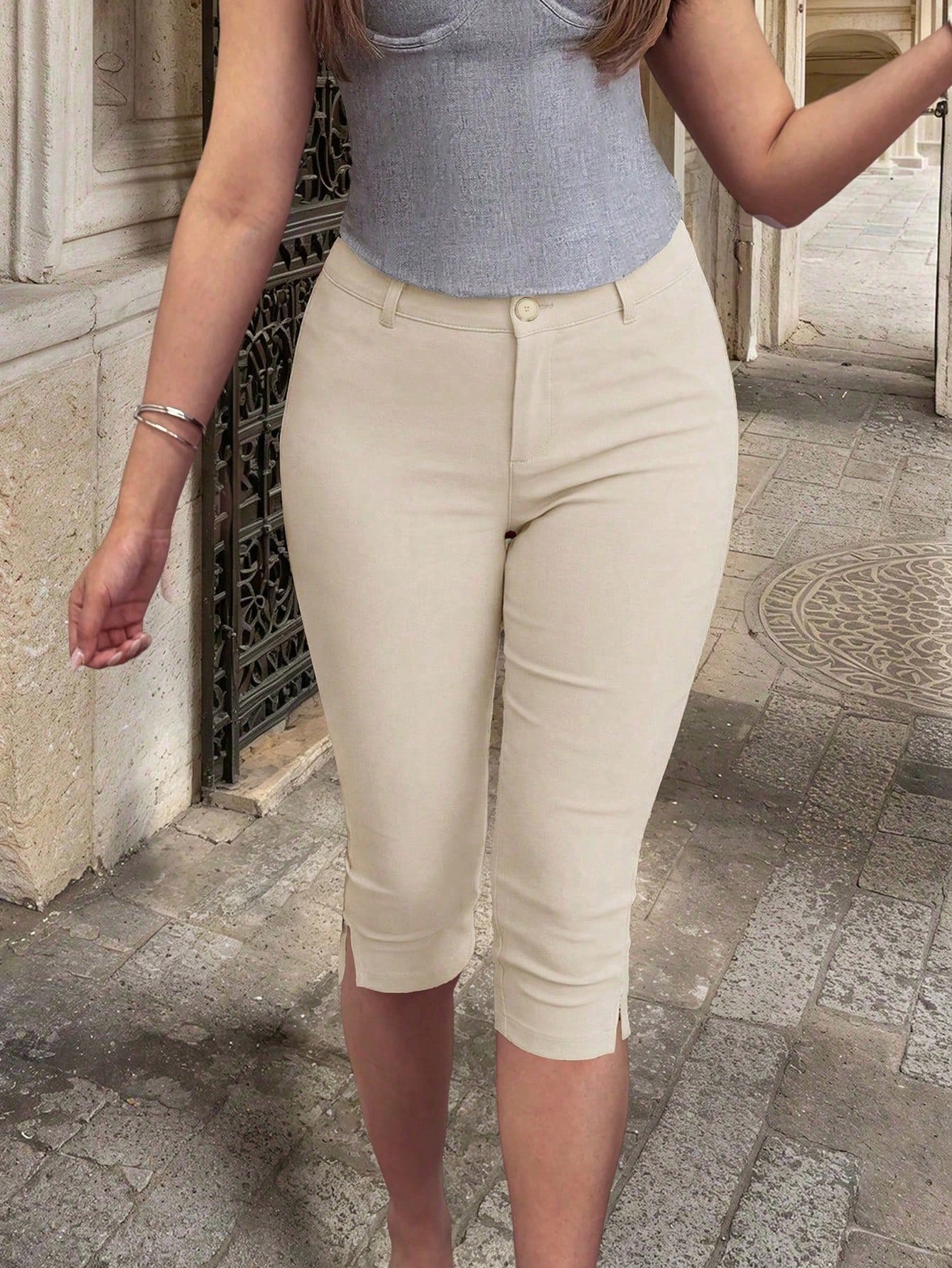Apperloth A Apperloth Women's Lightweight Elegant Khaki Elastic Slit Hem Leggings, Skinny Fit Slim Capri Pants With Zipper, Casual Everyday & Date Wear Summer