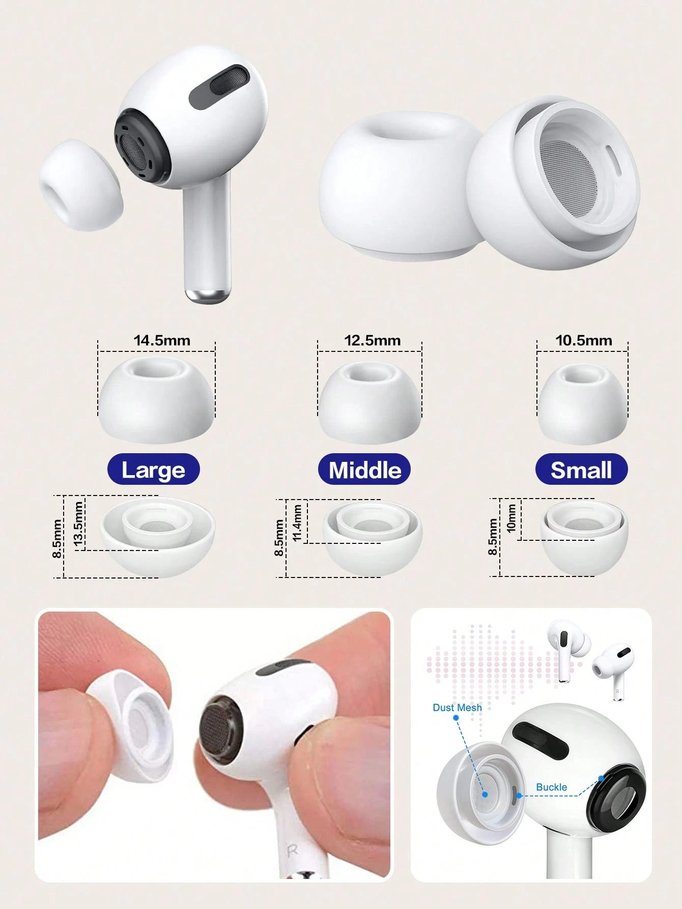 Apple Ear Tips, 3 Sizes, 3 Pairs, Compatible With Airpods Pro