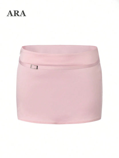 ARA CHIC Women's Pink Low-Waist Mini Skirt With Buckle Belt Design, Fitted Slim Sexy Style, Versatile For School, Dates, Vacation, Summer New Arrival