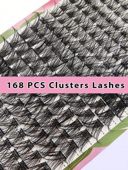 Asiteo 168pcs D-Curl Cluster False Eyelashes 8-16mm Thin Single Strand Natural Fluffy Cluster Lashes DIY Eyelash Extension Easy Application Makeup Tool, Suitable For Beginners, Daily, Party, Travel, M