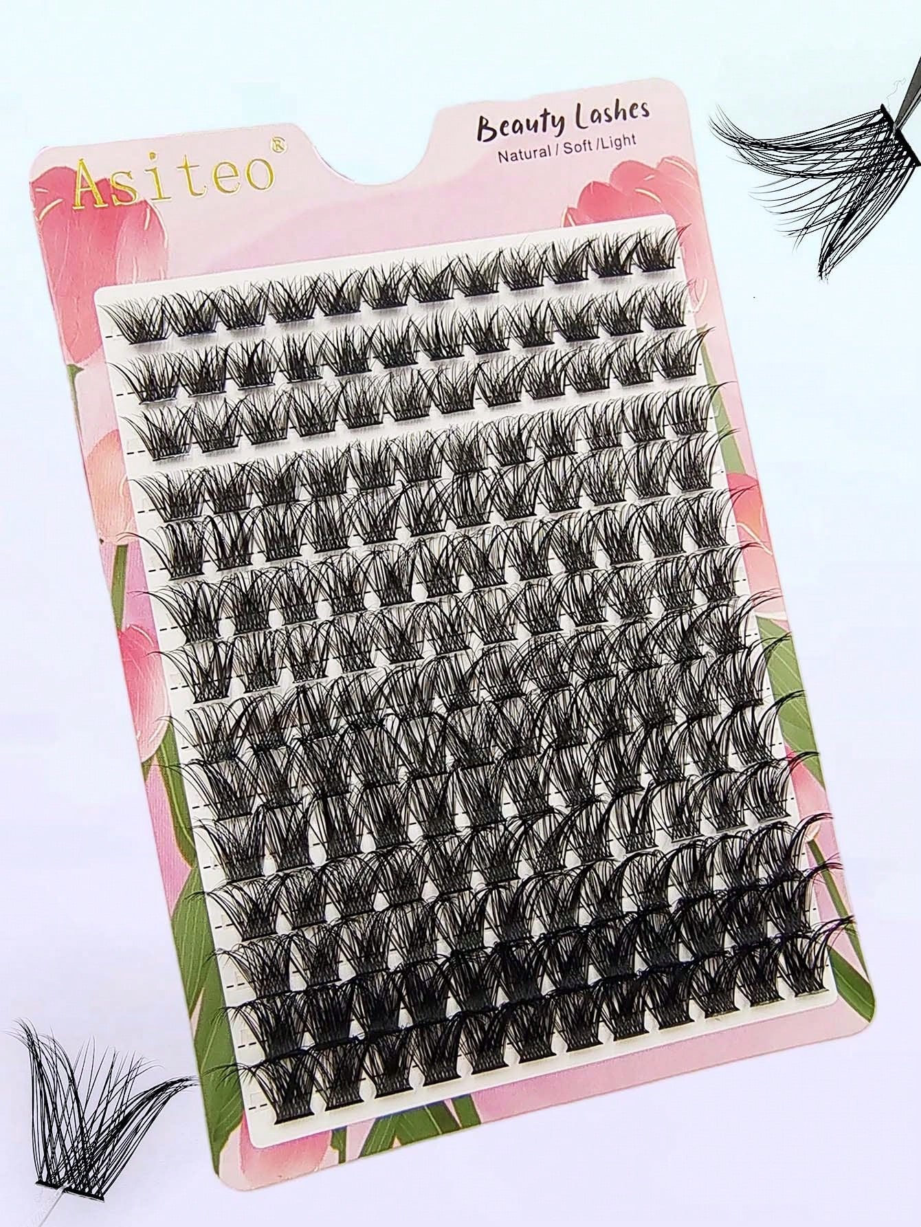 Asiteo 168pcs D-Curl Cluster False Eyelashes 8-16mm Thin Single Strand Natural Fluffy Cluster Lashes DIY Eyelash Extension Easy Application Makeup Tool, Suitable For Beginners, Daily, Party, Travel, M