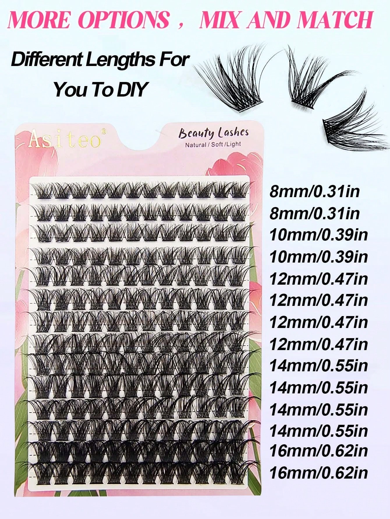 Asiteo 168pcs D-Curl Cluster False Eyelashes 8-16mm Thin Single Strand Natural Fluffy Cluster Lashes DIY Eyelash Extension Easy Application Makeup Tool, Suitable For Beginners, Daily, Party, Travel, M