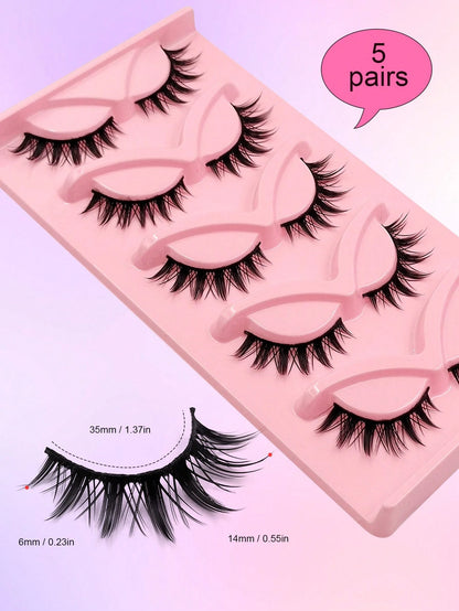 Asiteo 5 Pairs Spiky Manga Lashes Japanese Style Anime Thick Cosplay Lashes, Natural Look Wispy Faux Mink Lashes Full Strip Doll Lashes