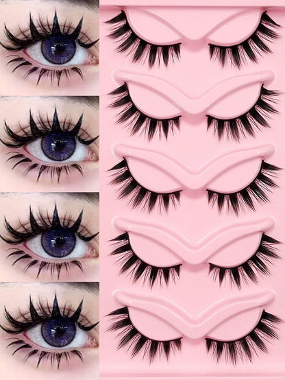 Asiteo 5 Pairs Spiky Manga Lashes Japanese Style Anime Thick Cosplay Lashes, Natural Look Wispy Faux Mink Lashes Full Strip Doll Lashes