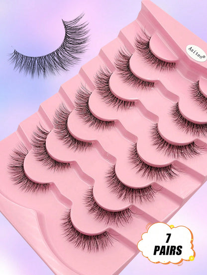 Asiteo 7 Pairs Look False Eyelashes, Soft Transparent Band, Short Lightweight Faux Mink Lashes, Create Makeup Look, Suitable For Daily Makeup, Suitable For Beginners, Aesthetic