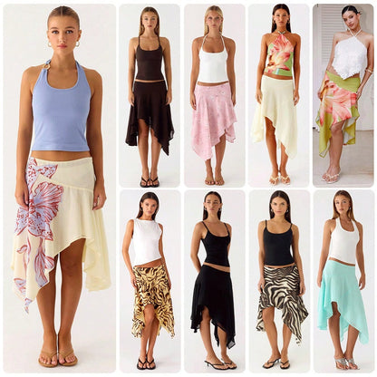 Asymmetrical Chiffon Midi Skirts, Floral/Animal Print Flowy Handkerchief Hem Skirts, Casual Summer Beach Cover Up