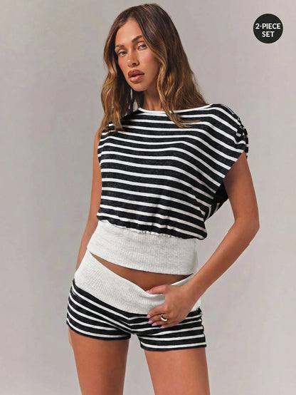 Athîral Women Boat Neck Short Sleeve Loose Casual Striped Comfortable Sports Sets, Summer
