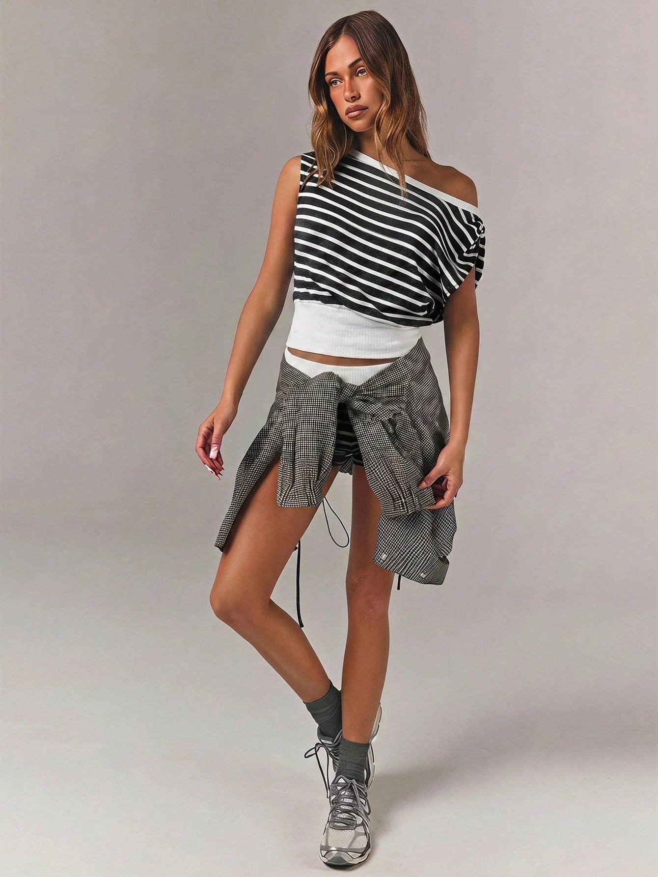 Athîral Women Boat Neck Short Sleeve Loose Casual Striped Comfortable Sports Sets, Summer