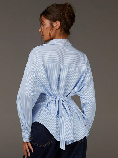 Athîral Women's Chic Blue And White Stripe Shirt,Summer Office Business Casual Light Blue Pinstripe,Classic Relaxed Fit,Adjustable Back Waist Tie Blouse