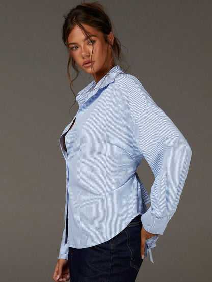 Athîral Women's Chic Blue And White Stripe Shirt,Summer Office Business Casual Light Blue Pinstripe,Classic Relaxed Fit,Adjustable Back Waist Tie Blouse