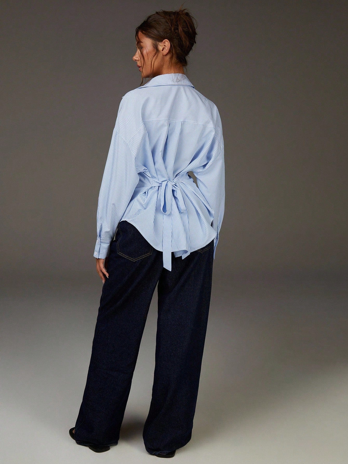 Athîral Women's Chic Blue And White Stripe Shirt,Summer Office Business Casual Light Blue Pinstripe,Classic Relaxed Fit,Adjustable Back Waist Tie Blouse