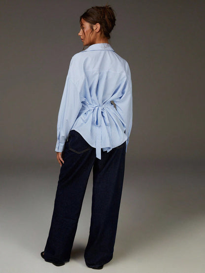 Athîral Women's Chic Blue And White Stripe Shirt,Summer Office Business Casual Light Blue Pinstripe,Classic Relaxed Fit,Adjustable Back Waist Tie Blouse
