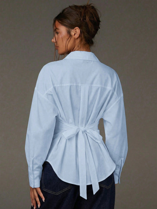 Athîral Women's Solid Color Drop Shoulder Long Sleeve Casual Shirt With Knot Detail At Back Waist