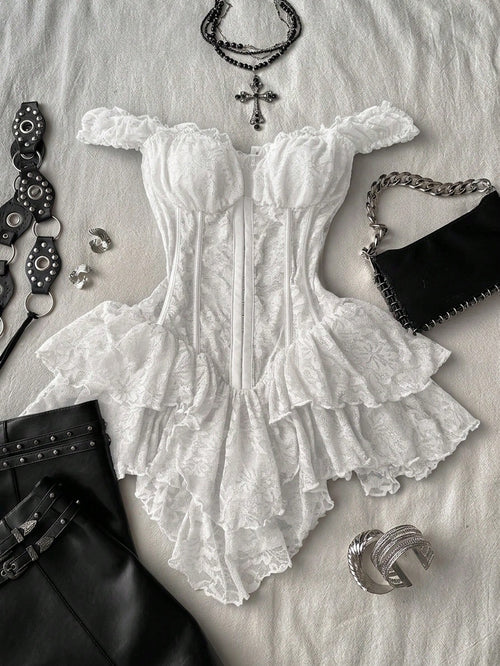 Attitoon Women's Casual Retro Corset Lace Bodycon Asymmetrical Hem Mini Dress, Suitable For Y2K,Summer Dresses For Women