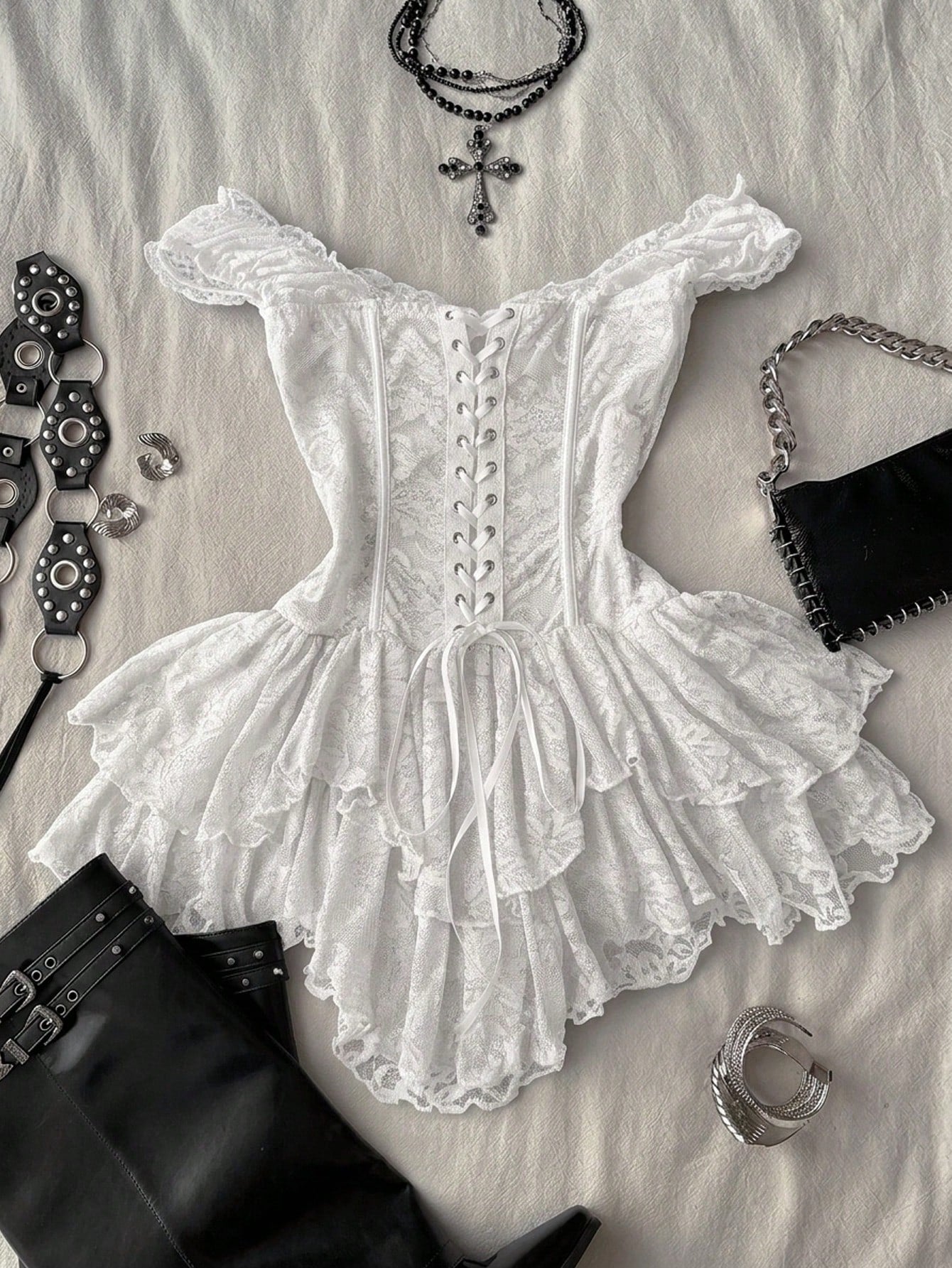 Attitoon Women's Casual Retro Corset Lace Bodycon Asymmetrical Hem Mini Dress, Suitable For Y2K,Summer Dresses For Women