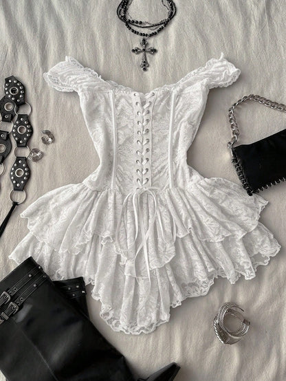 Attitoon Women's Casual Retro Corset Lace Bodycon Asymmetrical Hem Mini Dress, Suitable For Y2K,Summer Dresses For Women