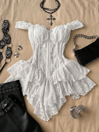 Attitoon Women's Casual Retro Corset Lace Bodycon Asymmetrical Hem Mini Dress, Suitable For Y2K,Summer Dresses For Women