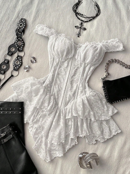 Attitoon Women's Casual Retro Corset Lace Bodycon Asymmetrical Hem Mini Dress, Suitable For Y2K,Summer Dresses For Women
