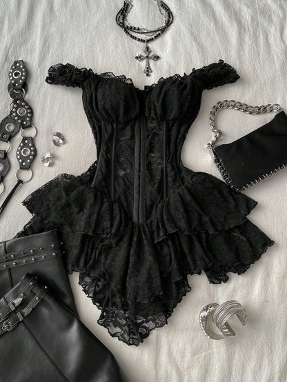 Attitoon Women's Casual Retro Corset Lace Bodycon Asymmetrical Hem Mini Dress, Suitable For Y2K,Summer Dresses For Women