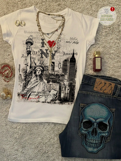 Attitoon Women's White Summer Casual Graphic Streetwear,I Love NY Statue Of Liberty Graffiti Print Fitted Round Neck Short Sleeve T-Shirt,Vacation Y2K Style
