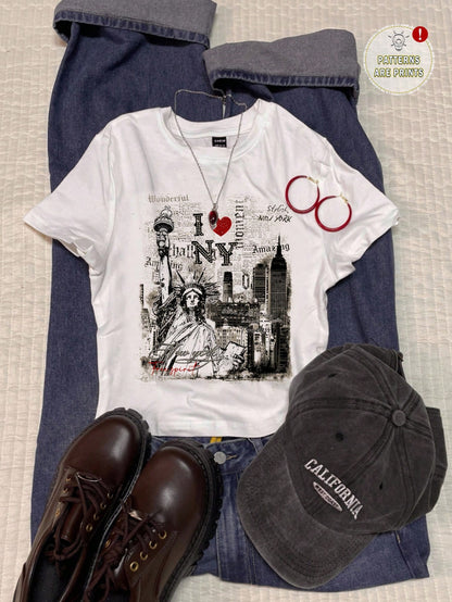 Attitoon Women's White Summer Casual Graphic Streetwear,I Love NY Statue Of Liberty Graffiti Print Fitted Round Neck Short Sleeve T-Shirt,Vacation Y2K Style