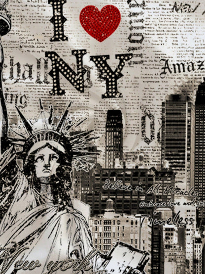 Attitoon Women's White Summer Casual Graphic Streetwear,I Love NY Statue Of Liberty Graffiti Print Fitted Round Neck Short Sleeve T-Shirt,Vacation Y2K Style