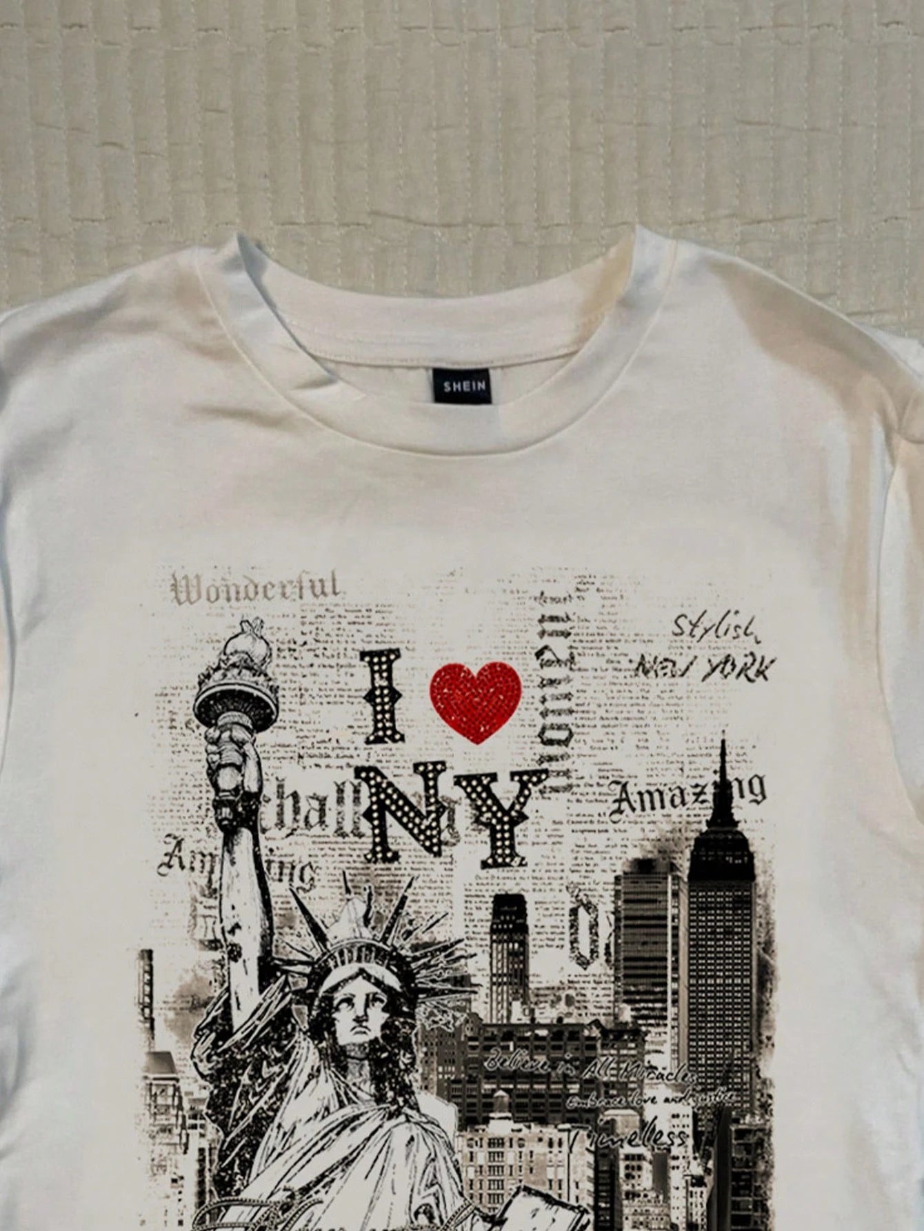 Attitoon Women's White Summer Casual Graphic Streetwear,I Love NY Statue Of Liberty Graffiti Print Fitted Round Neck Short Sleeve T-Shirt,Vacation Y2K Style