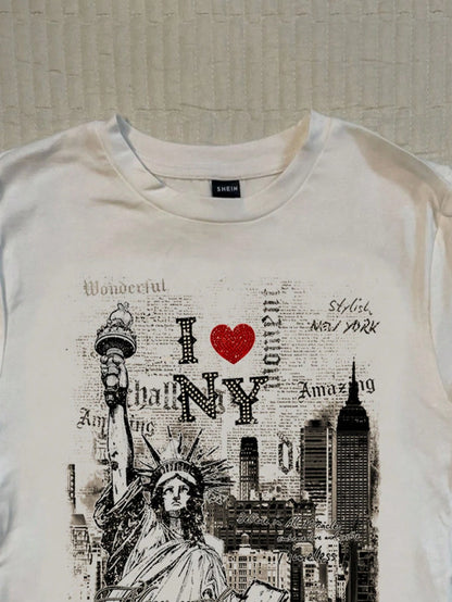 Attitoon Women's White Summer Casual Graphic Streetwear,I Love NY Statue Of Liberty Graffiti Print Fitted Round Neck Short Sleeve T-Shirt,Vacation Y2K Style