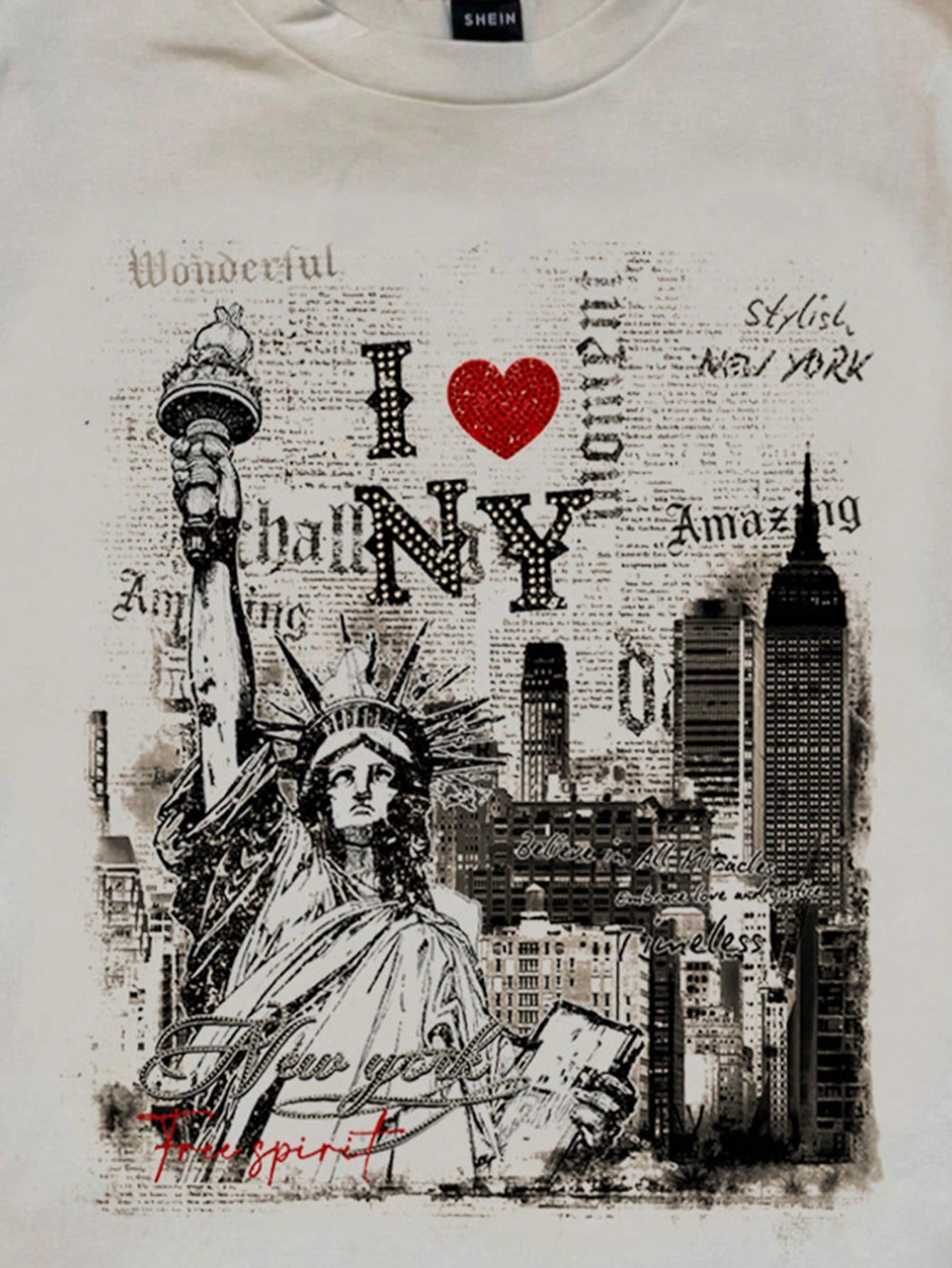 Attitoon Women's White Summer Casual Graphic Streetwear,I Love NY Statue Of Liberty Graffiti Print Fitted Round Neck Short Sleeve T-Shirt,Vacation Y2K Style