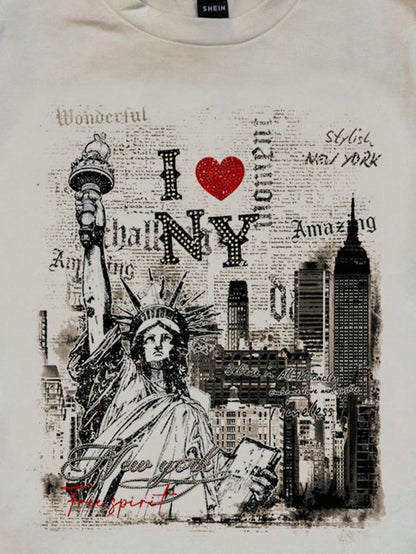 Attitoon Women's White Summer Casual Graphic Streetwear,I Love NY Statue Of Liberty Graffiti Print Fitted Round Neck Short Sleeve T-Shirt,Vacation Y2K Style