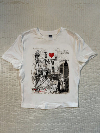 Attitoon Women's White Summer Casual Graphic Streetwear,I Love NY Statue Of Liberty Graffiti Print Fitted Round Neck Short Sleeve T-Shirt,Vacation Y2K Style