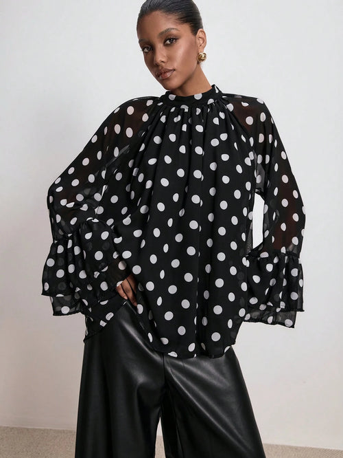 ATUI Studio Women's Polka Dot Blouse With Wide Ruffled Sleeves & Lace Details- Elegant Retro Long Sleeve Top For Autumn Business Casual Wear