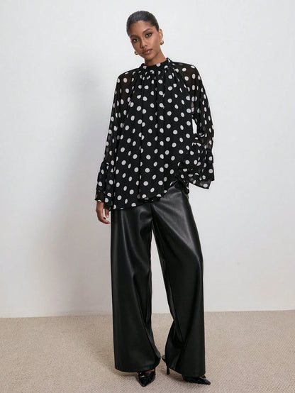 ATUI Studio Women's Polka Dot Blouse With Wide Ruffled Sleeves & Lace Details- Elegant Retro Long Sleeve Top For Autumn Business Casual Wear