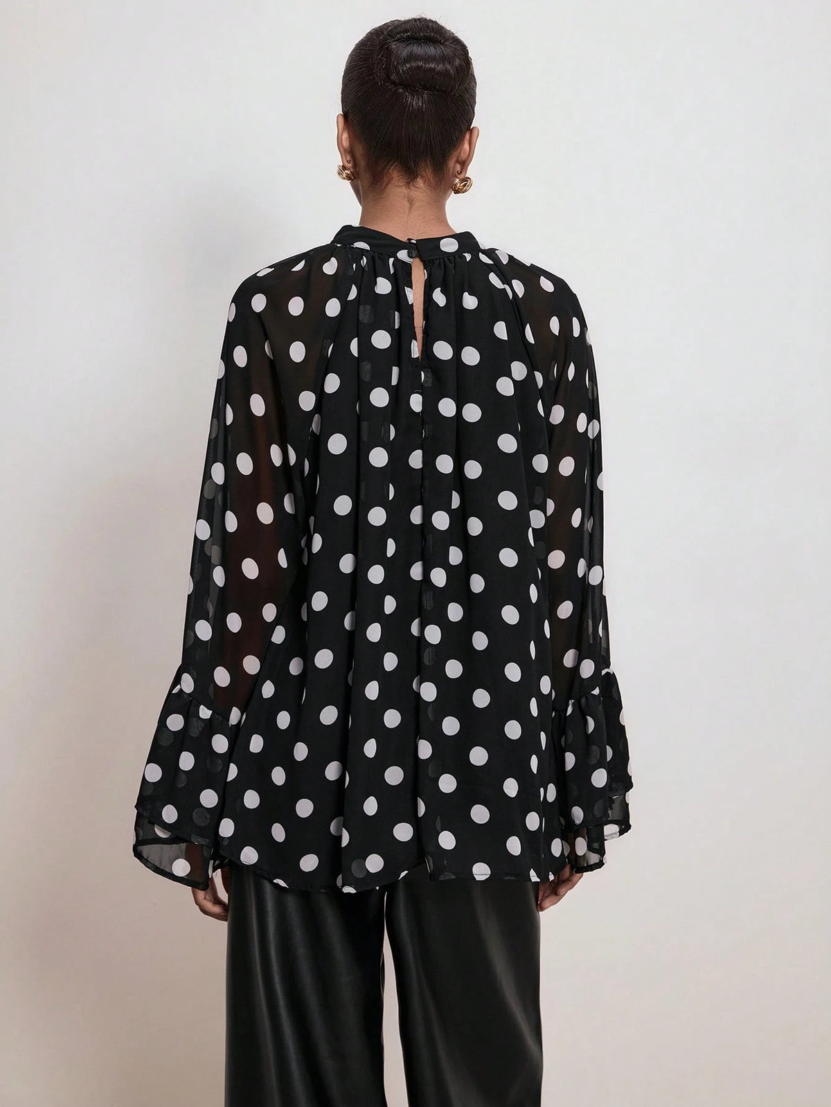 ATUI Studio Women's Polka Dot Blouse With Wide Ruffled Sleeves & Lace Details- Elegant Retro Long Sleeve Top For Autumn Business Casual Wear