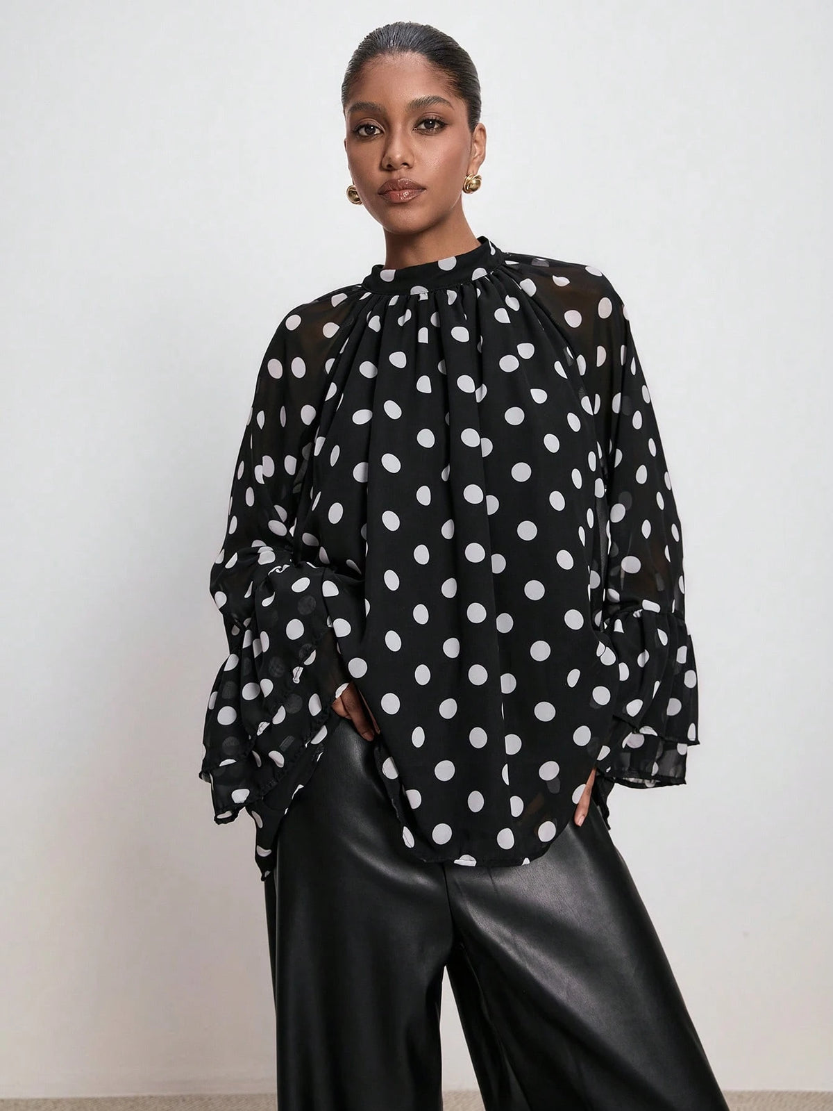 ATUI Studio Women's Polka Dot Blouse With Wide Ruffled Sleeves & Lace Details- Elegant Retro Long Sleeve Top For Autumn Business Casual Wear
