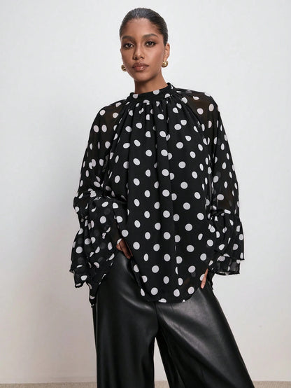 ATUI Studio Women's Polka Dot Blouse With Wide Ruffled Sleeves & Lace Details- Elegant Retro Long Sleeve Top For Autumn Business Casual Wear