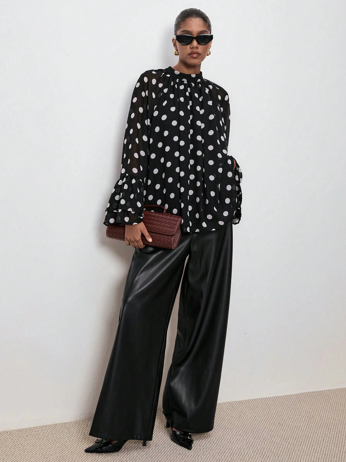 ATUI Studio Women's Polka Dot Blouse With Wide Ruffled Sleeves & Lace Details- Elegant Retro Long Sleeve Top For Autumn Business Casual Wear