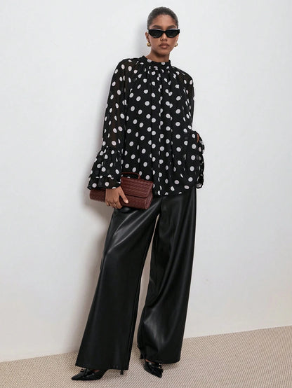 ATUI Studio Women's Polka Dot Blouse With Wide Ruffled Sleeves & Lace Details- Elegant Retro Long Sleeve Top For Autumn Business Casual Wear