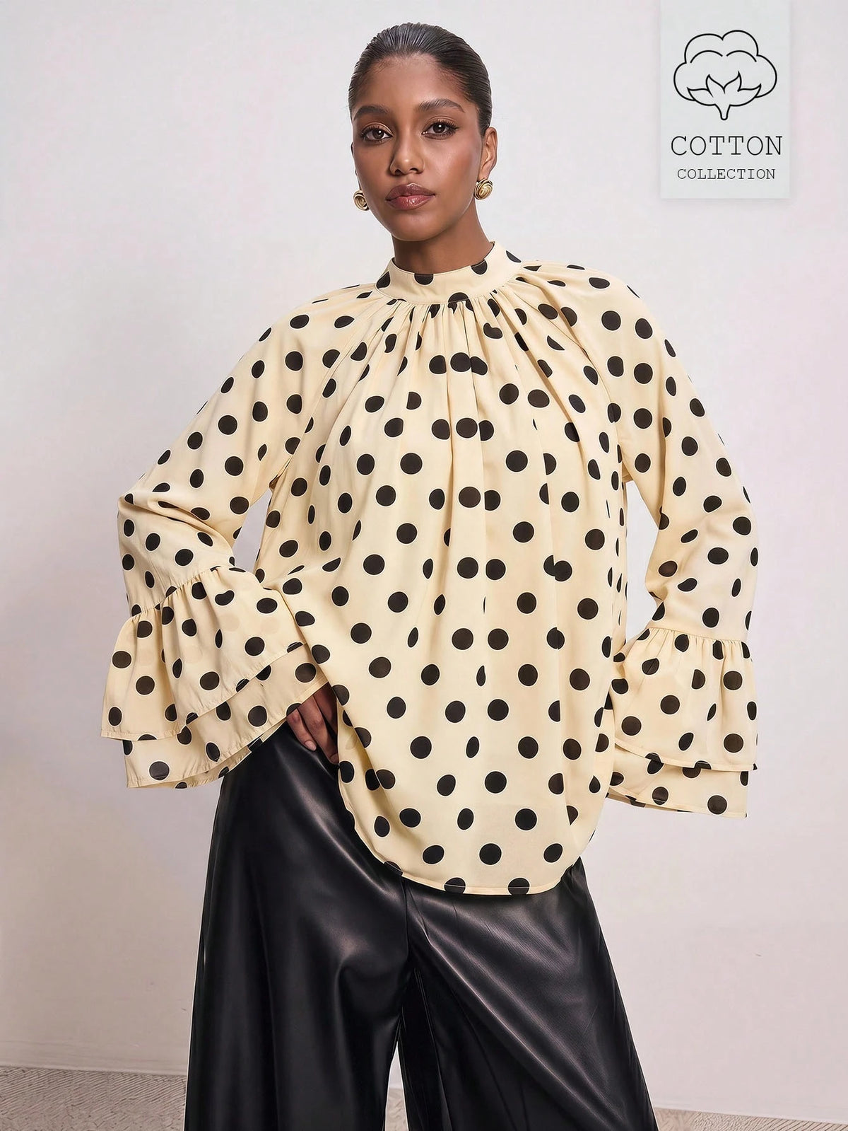ATUI Studio Women's Polka Dot Blouse With Wide Ruffled Sleeves & Lace Details- Elegant Retro Long Sleeve Top For Autumn Business Casual Wear