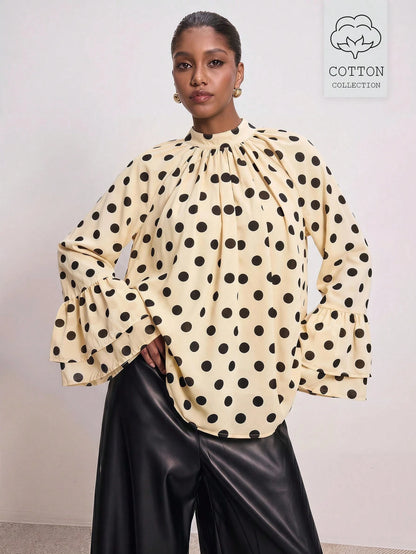 ATUI Studio Women's Polka Dot Blouse With Wide Ruffled Sleeves & Lace Details- Elegant Retro Long Sleeve Top For Autumn Business Casual Wear