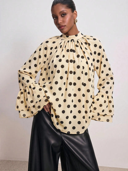 ATUI Studio Women's Polka Dot Blouse With Wide Ruffled Sleeves & Lace Details- Elegant Retro Long Sleeve Top For Autumn Business Casual Wear