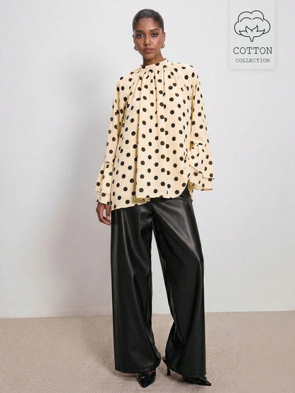 ATUI Studio Women's Polka Dot Blouse With Wide Ruffled Sleeves & Lace Details- Elegant Retro Long Sleeve Top For Autumn Business Casual Wear