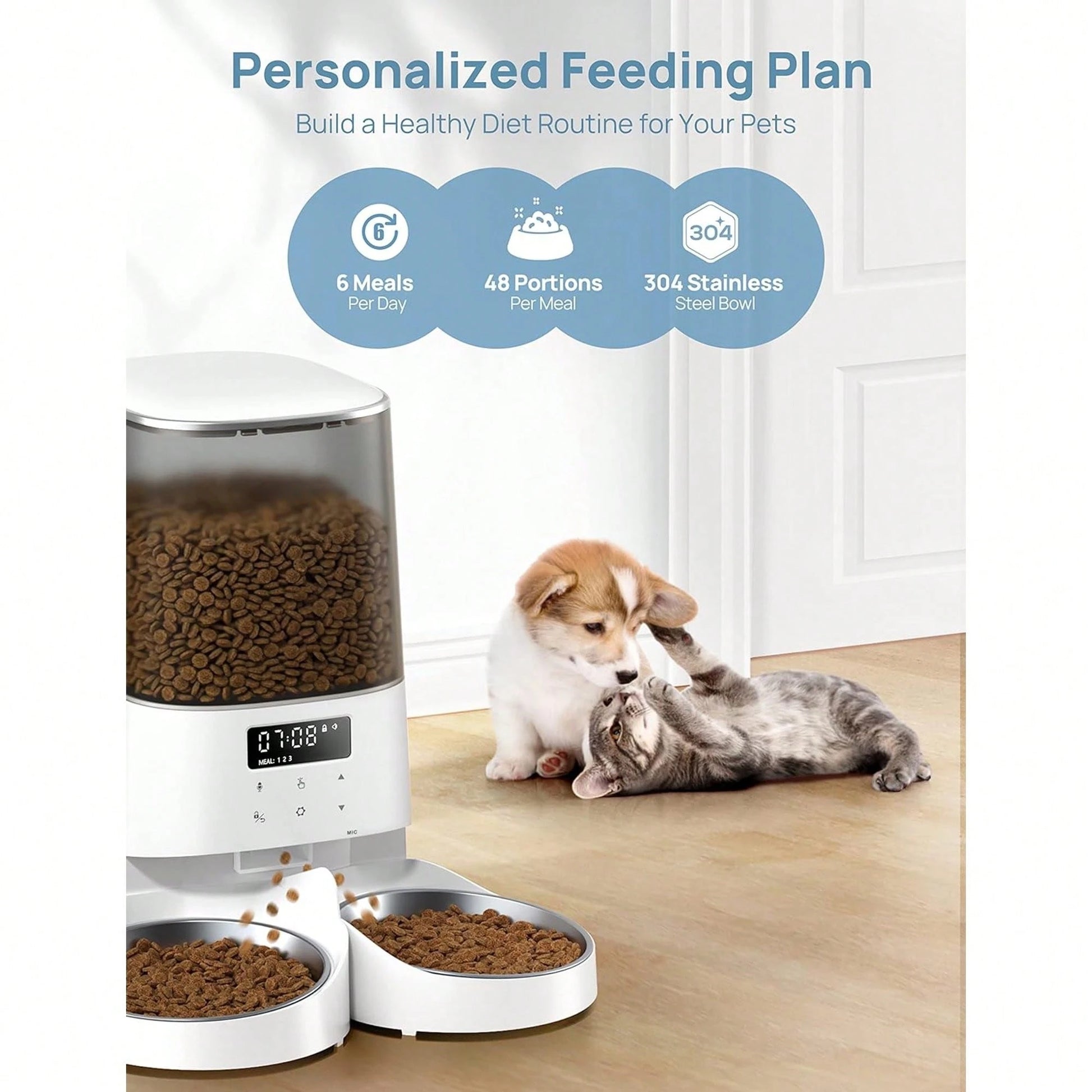 Automatic Cat Feeder, 5L/21Cups Timed Pet Food Dispenser With Double Bowls, 48 Portions, 6 Daily Meals, Memory Function, 10s Meal Call For Cats & Small Dogs