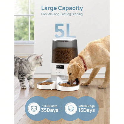 Automatic Cat Feeder, 5L/21Cups Timed Pet Food Dispenser With Double Bowls, 48 Portions, 6 Daily Meals, Memory Function, 10s Meal Call For Cats & Small Dogs