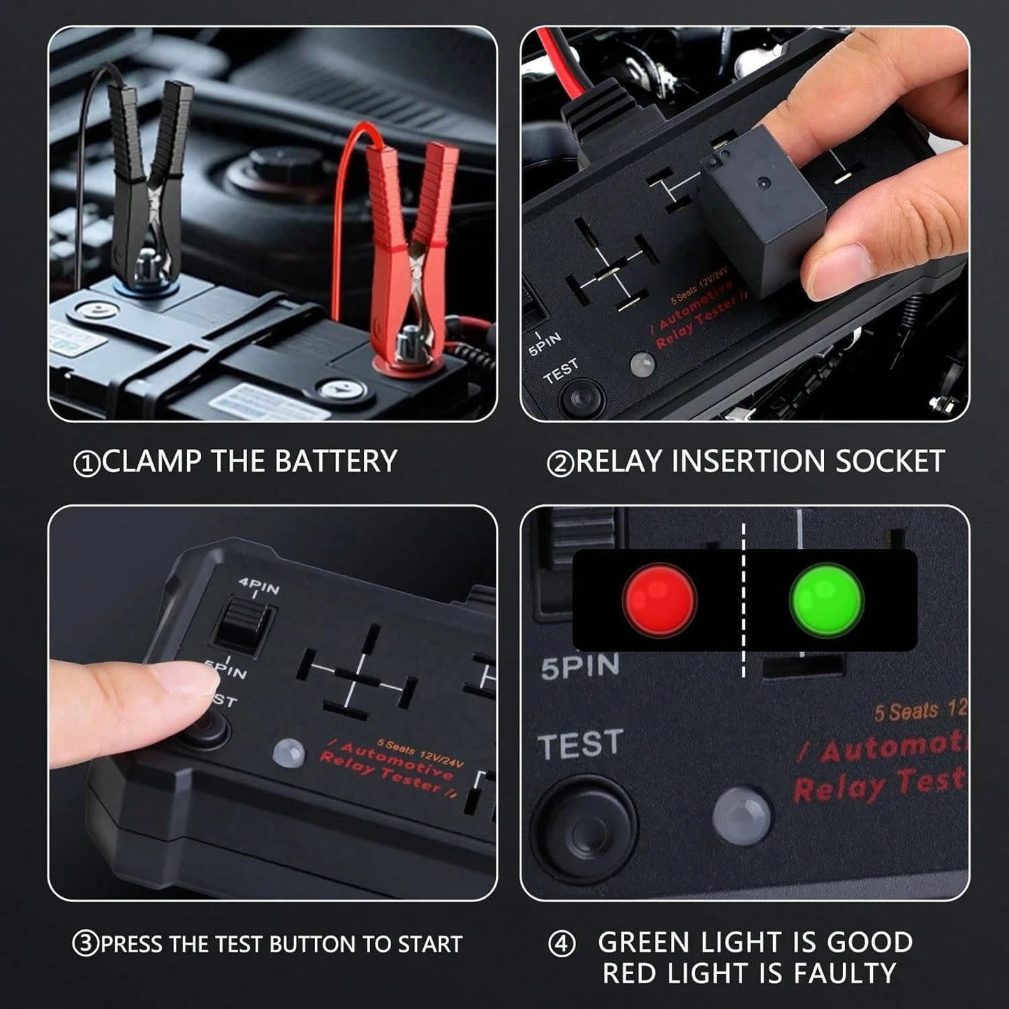 Automotive Relay Tester- 4 & 5 Pin 12V/24V Auto Diagnostic Tool, Small Handheld DIY Car Tester With Battery Clips, Relay Testing Kit, Electrical Systems Tool